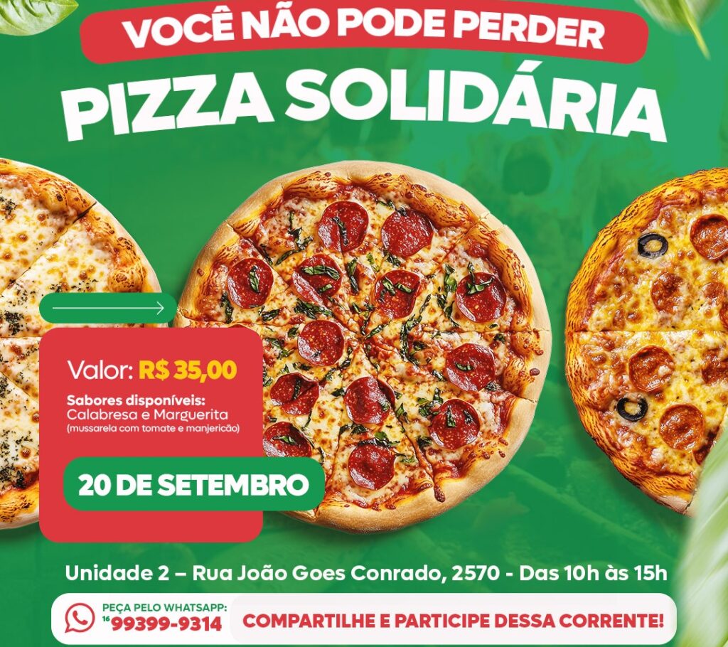 O Instituto Iansa promove neste sábado, dia 20, das 10h às 15h, a sua Deliciosa e solidária promoção da Pizza. A entidade precisa muito do apoio de toda a comunidade, unindo sabor e solidariedade em uma só iniciativa. Cada fatia ajuda a transformar vidas! Faça sua reserva pelo fone 16-99399-9314.