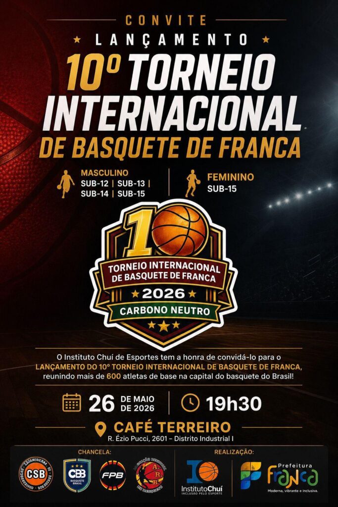 Franca se prepara para viver mais um grande momento do esporte internacional com a realização da solenidade de abertura do 10.º Torneio Internacional de Basquete de Franca – Carbono Neutro, idealizado pelo Instituto Chuí de Esportes. O evento acontecerá no dia 26 de maio, às 19h30, na sede do Café Terreiro, localizada na Av. Ezio Pucci, 2601, Distrito Industrial. Reconhecido como uma das mais importantes competições de base da modalidade, o torneio reunirá mais de 600 jovens atletas, promovendo integração, intercâmbio cultural e o fortalecimento dos valores do esporte. Nesta edição especial, o compromisso com a sustentabilidade também ganha destaque, consolidando o evento como uma iniciativa Carbono Neutro, alinhada às práticas de responsabilidade ambiental e desenvolvimento social. Mais do que uma competição, o torneio reafirma a tradição de Franca como referência nacional do basquete e celebra o incentivo ao esporte como ferramenta de transformação e formação de futuras gerações.