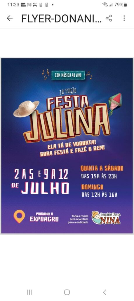 Vem aí a 10.ª edição da grandiosa Festa Julina do Berçário D. Nina! De 2 a 5 e de 9 a 12 de julho, em frente ao Parque Fernando Costa, a tradição, a alegria e a solidariedade estarão reunidas em uma festa especial, preparada com muito carinho para toda a família. Com comidas típicas, diversão e aquele clima julino que aquece o coração, o evento promete momentos inesquecíveis. Mais do que uma grande celebração, esta é uma oportunidade de fazer o bem: toda a renda arrecadada será revertida para o Berçário D. Nina, contribuindo diretamente para a continuidade de seu importante trabalho. Participe, prestigie e colabore com esta nobre causa. Bora festá e fazê o bem, pessoar!