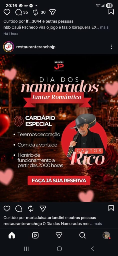 Neste Dia dos Namorados, transforme momentos em memórias inesquecíveis no Rancho JP, em Patrocínio Paulista. A equipe do local, sob o comando do muito gente boa Luís Claudio, preparou uma noite especial para os casais que desejam celebrar o amor em um ambiente encantador, com uma decoração temática cuidadosamente planejada para criar uma atmosfera de romance e emoção. Ao som envolvente de Rico, vocês irão desfrutar de um jantar especial, repleto dos sabores que já conquistaram os clientes e fazem parte da história do Rancho JP. Cada detalhe foi pensado para proporcionar uma experiência única, acolhedora e cheia de carinho. Romance, boa música, gastronomia especial e uma noite feita para ser lembrada. Garanta seu lugar e venha viver essa celebração especial. Reservas: (16) 99121-1765.